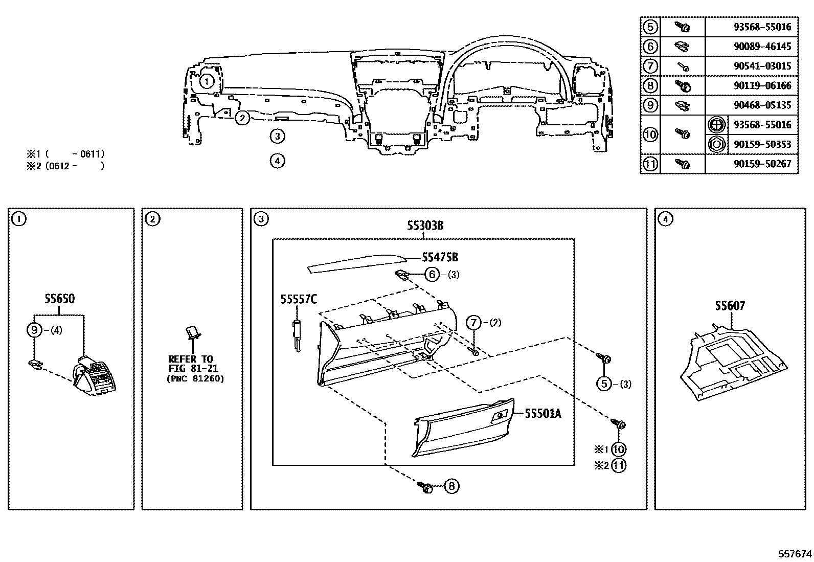 Toyota CAMRY 仪表板和手套箱 EPC diagram — 557674