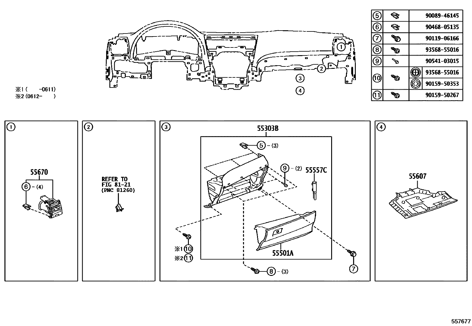 Toyota CAMRY 仪表板和手套箱 EPC diagram — 557677