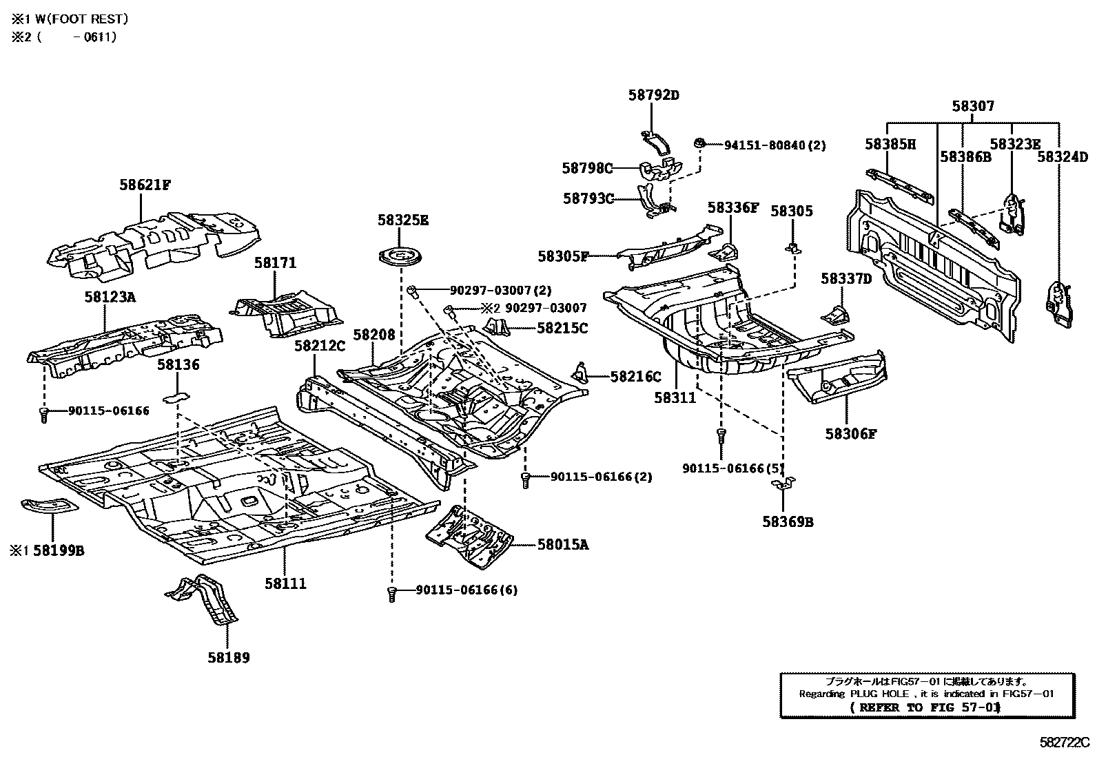 Toyota CAMRY 浅盘形地板和车身下背板 EPC diagram — 582722C
