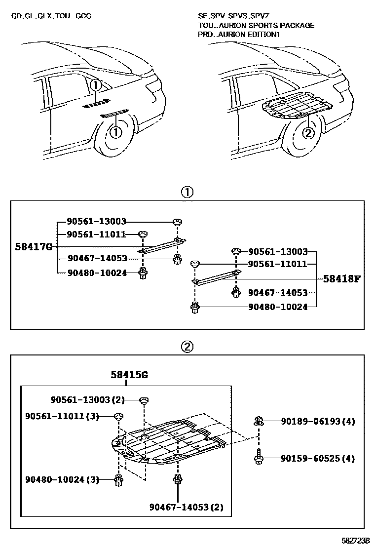 Toyota CAMRY 浅盘形地板和车身下背板 EPC diagram — 582723B