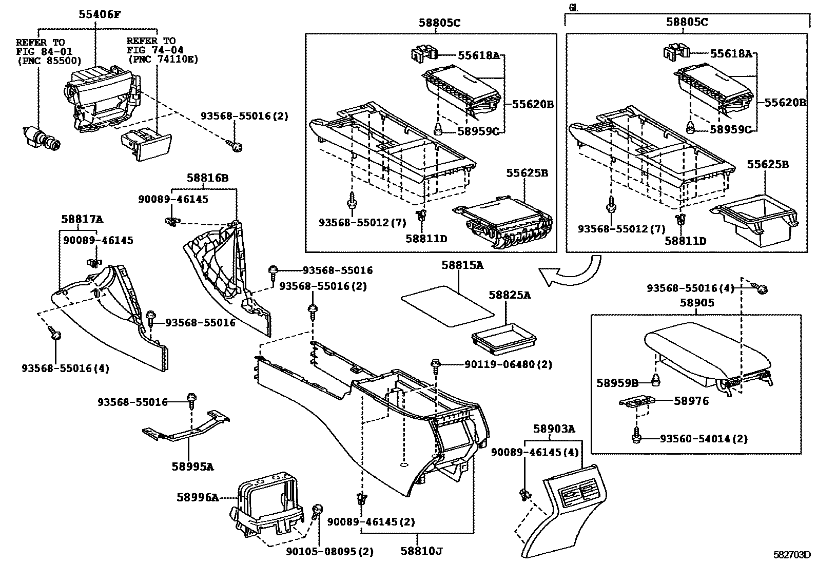 Toyota CAMRY 中央扶手箱和支架 EPC diagram — 582703D