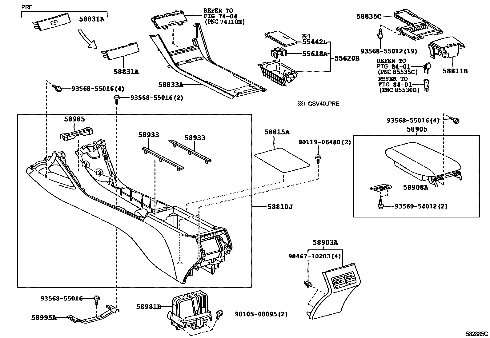 Toyota CAMRY 中央扶手箱和支架 EPC diagram — 582885C