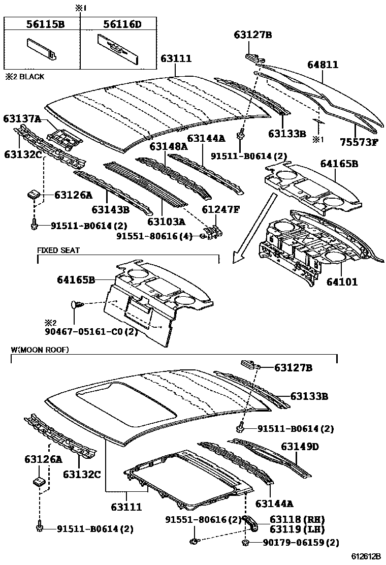 Toyota CAMRY 天窗板和背窗玻璃 EPC diagram — 612612B