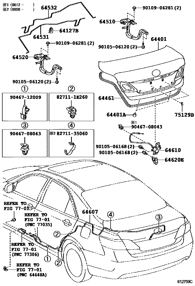 Toyota CAMRY 行李箱门和行李箱锁 EPC diagram — 612759C