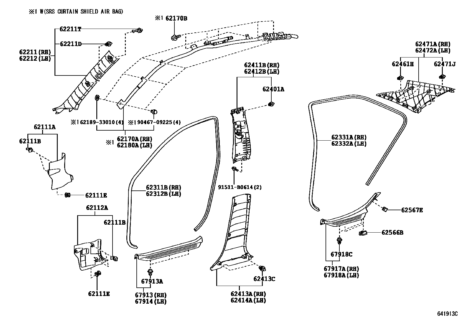 Toyota CAMRY 内饰板和车门防水胶条 EPC diagram — 641913C