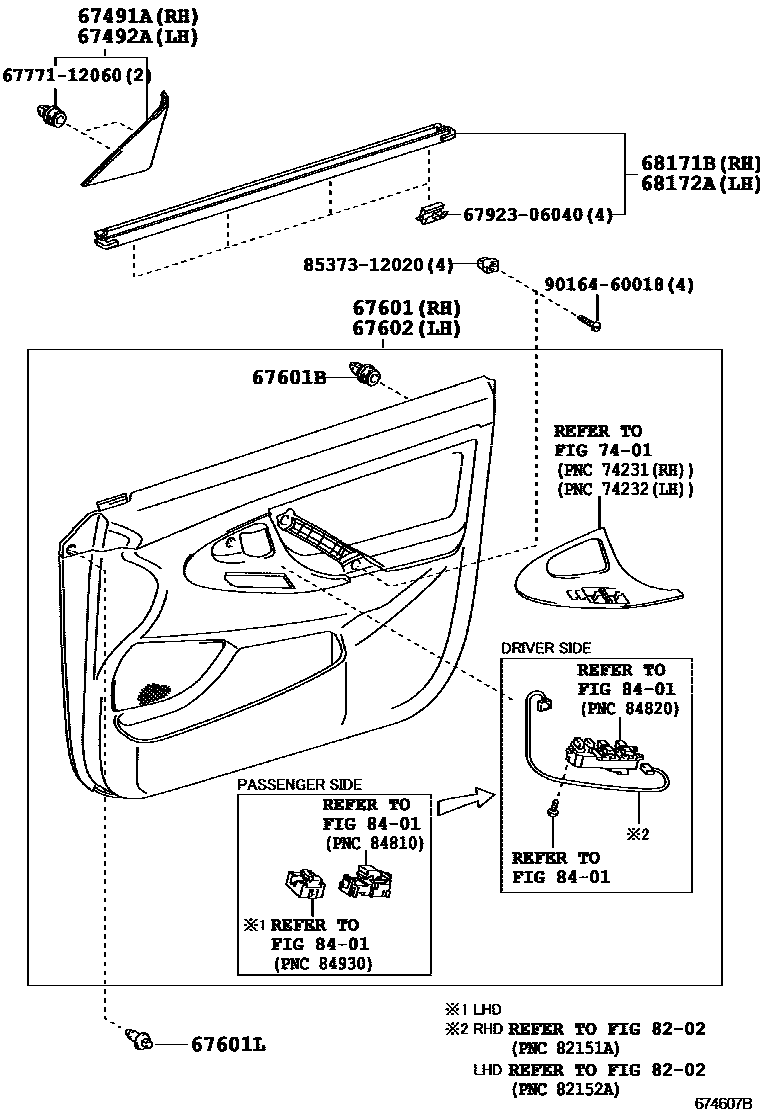Toyota CAMRY 前门板和前门玻璃 EPC diagram — 674607B