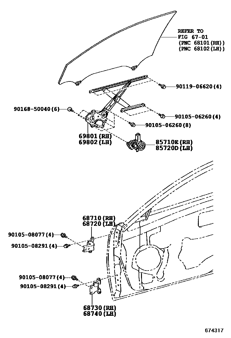 Toyota CAMRY 前门车窗升降器和合页 EPC diagram — 674317