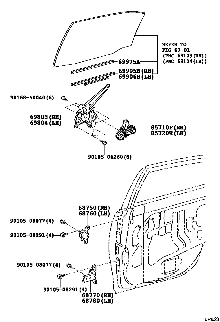 Toyota CAMRY 后门车窗升降器和合页 EPC diagram — 674623