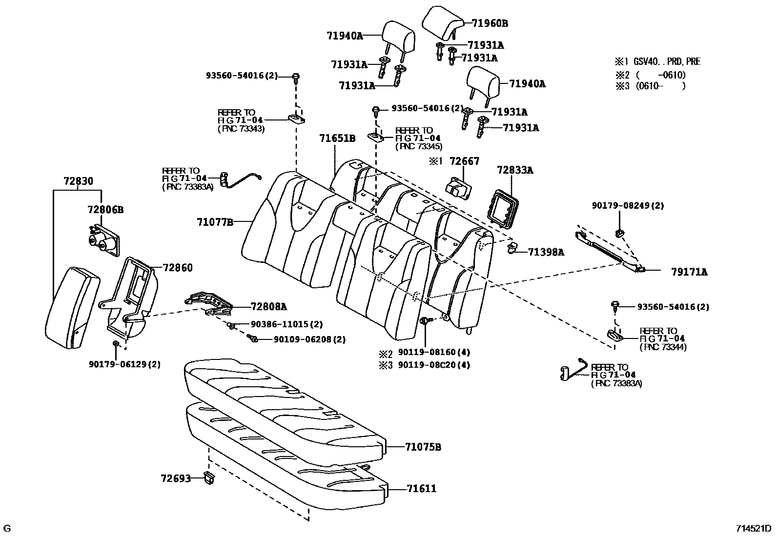 Toyota CAMRY 后排座椅和座椅滑轨 EPC diagram — 714521D