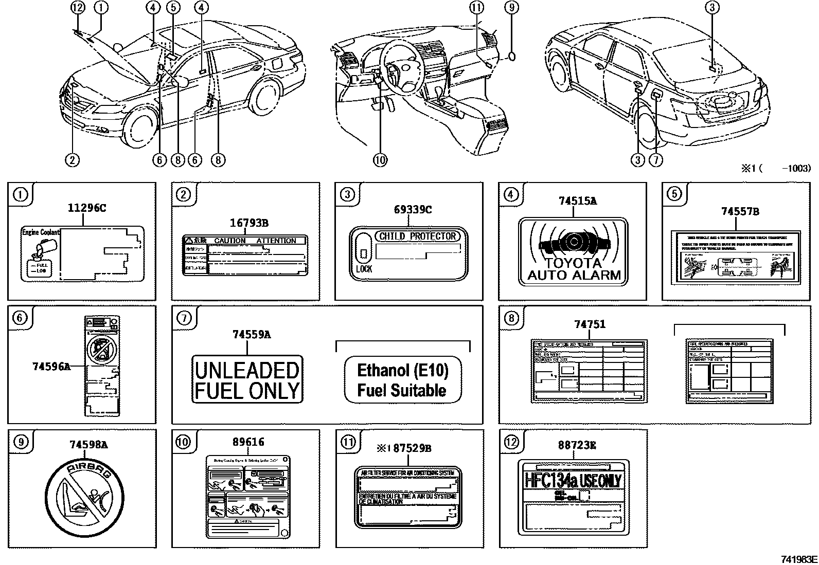 Toyota CAMRY 警示铭牌(车外和车内) EPC diagram — 741983E