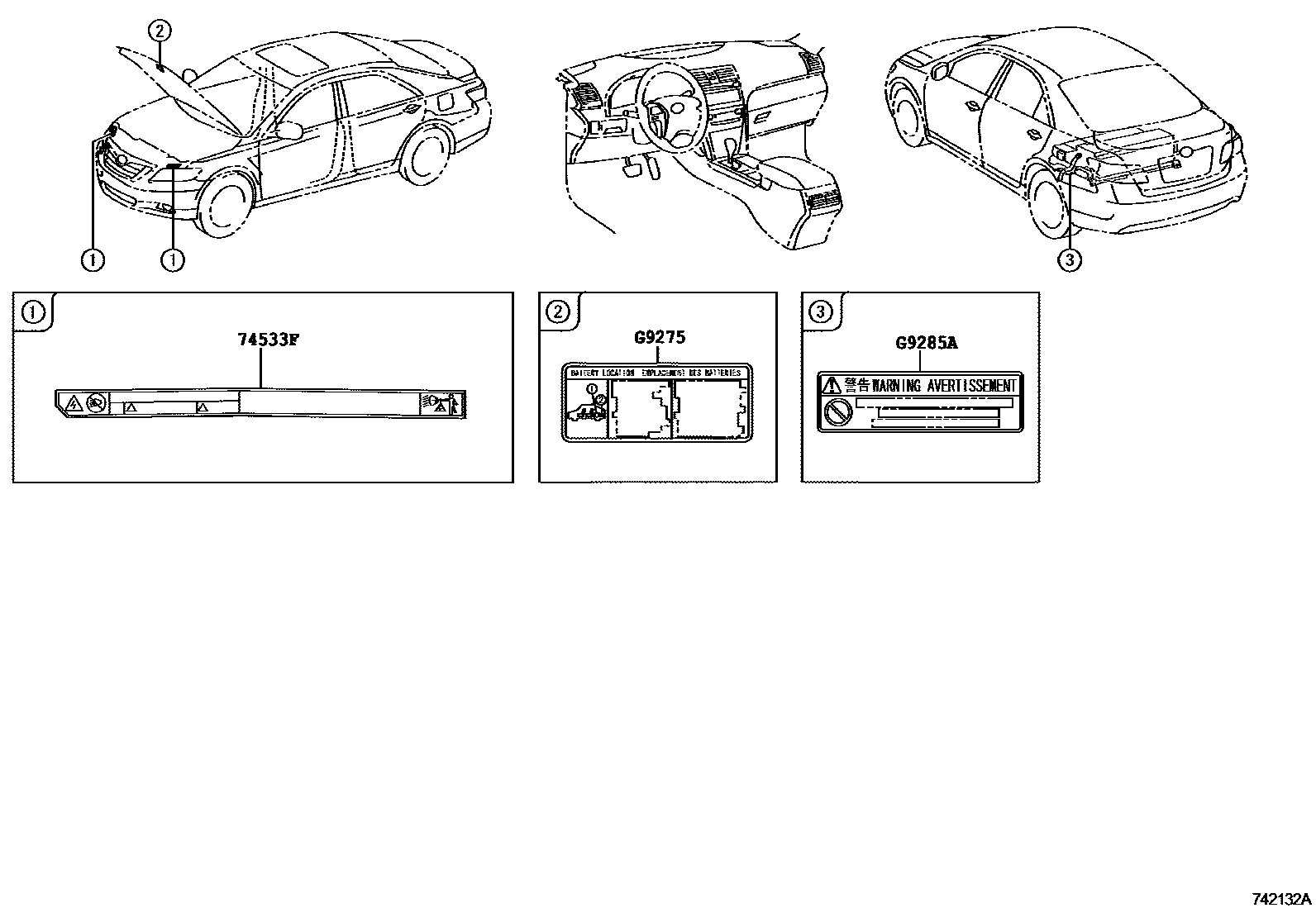 Toyota CAMRY 警示铭牌(车外和车内) EPC diagram — 742132A