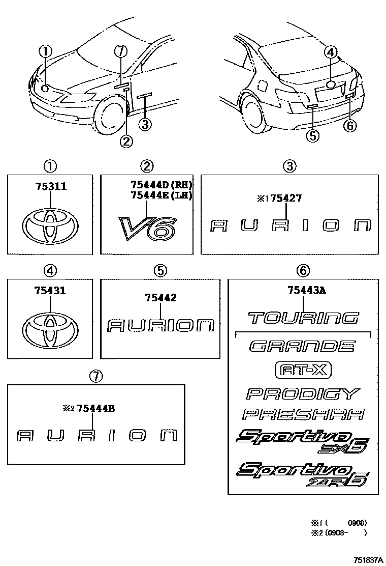 Toyota CAMRY 丰田徽标和铭牌(车外和车内) EPC diagram — 751837A
