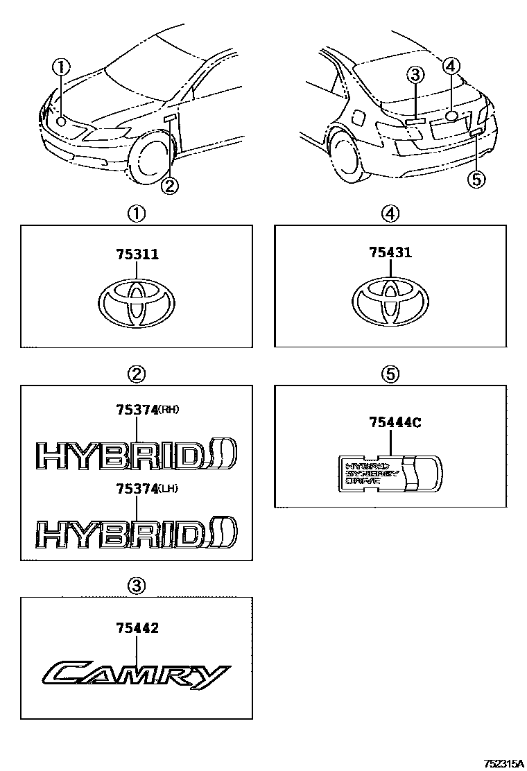 Toyota CAMRY 丰田徽标和铭牌(车外和车内) EPC diagram — 752315A