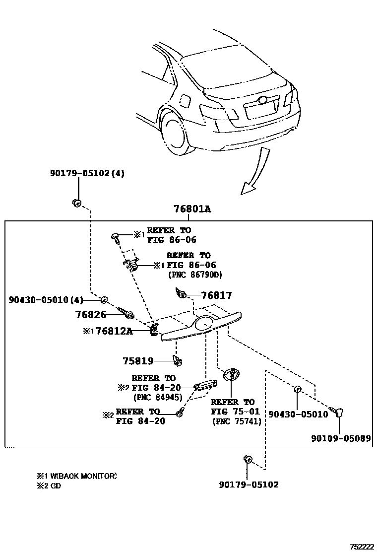 Toyota CAMRY 后防护条 EPC diagram — 752222