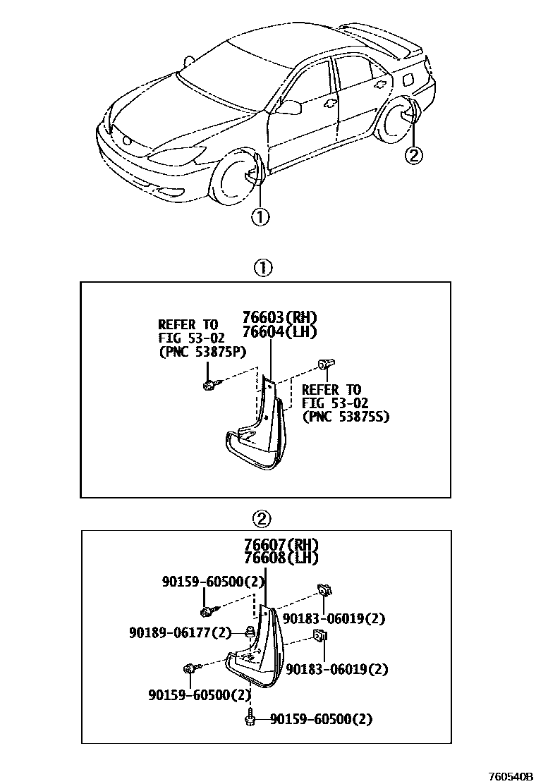 Toyota CAMRY 挡泥板和扰流板 EPC diagram — 760540B