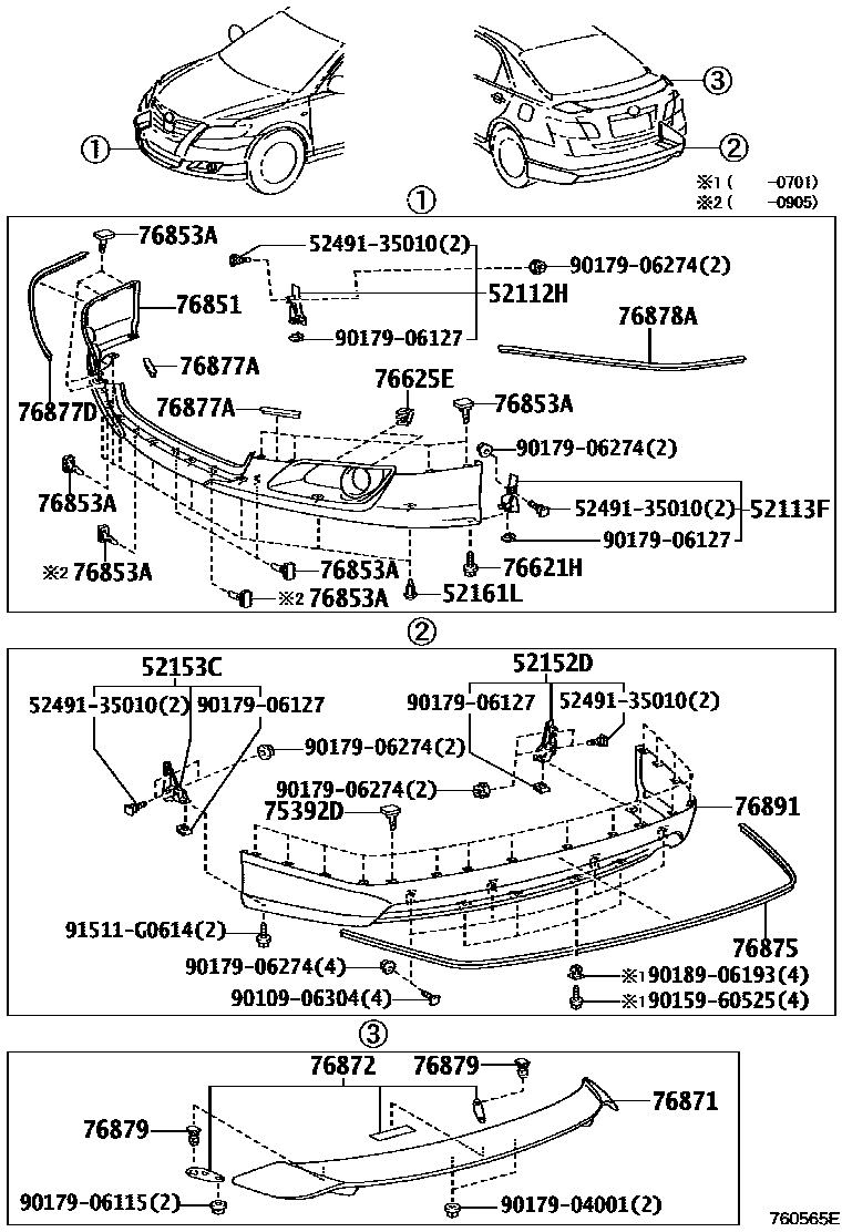 Toyota CAMRY 挡泥板和扰流板 EPC diagram — 760565E