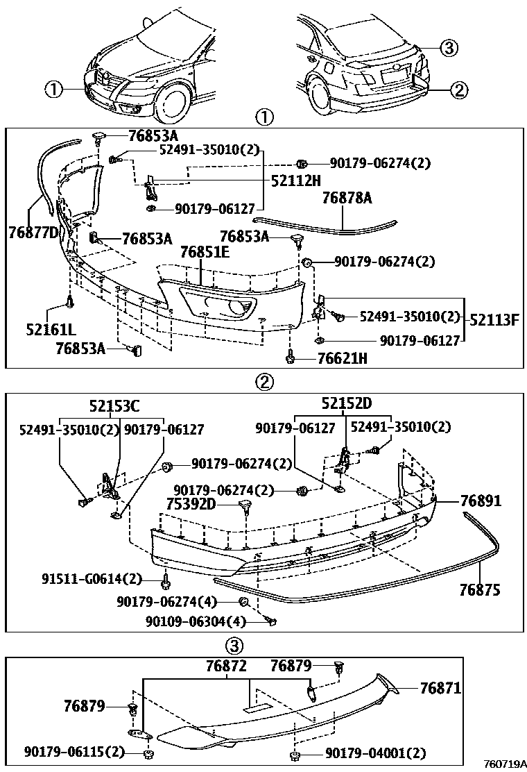 Toyota CAMRY 挡泥板和扰流板 EPC diagram — 760719A