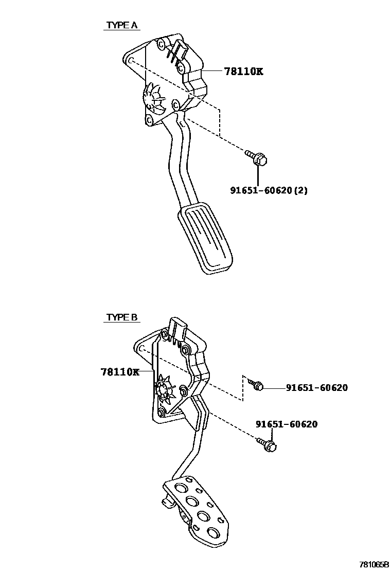 Toyota CAMRY accelerator pedal connecting rod EPC diagram — 781065B