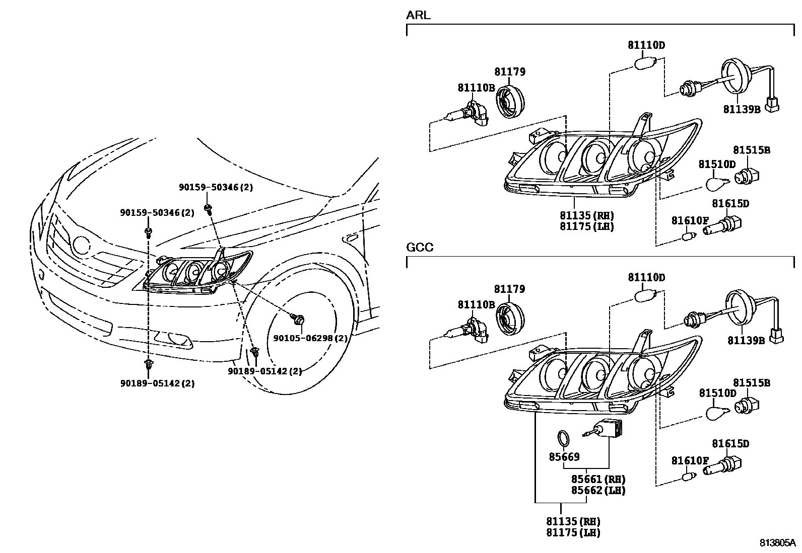 Toyota CAMRY Headlamp EPC diagram — 813805A