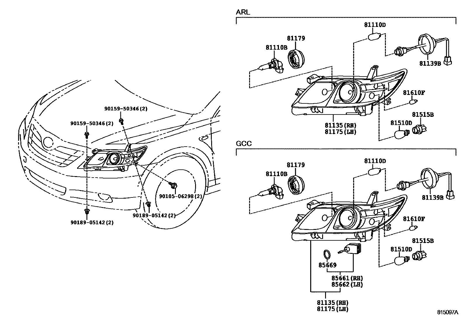 Toyota CAMRY Headlamp EPC diagram — 815097A