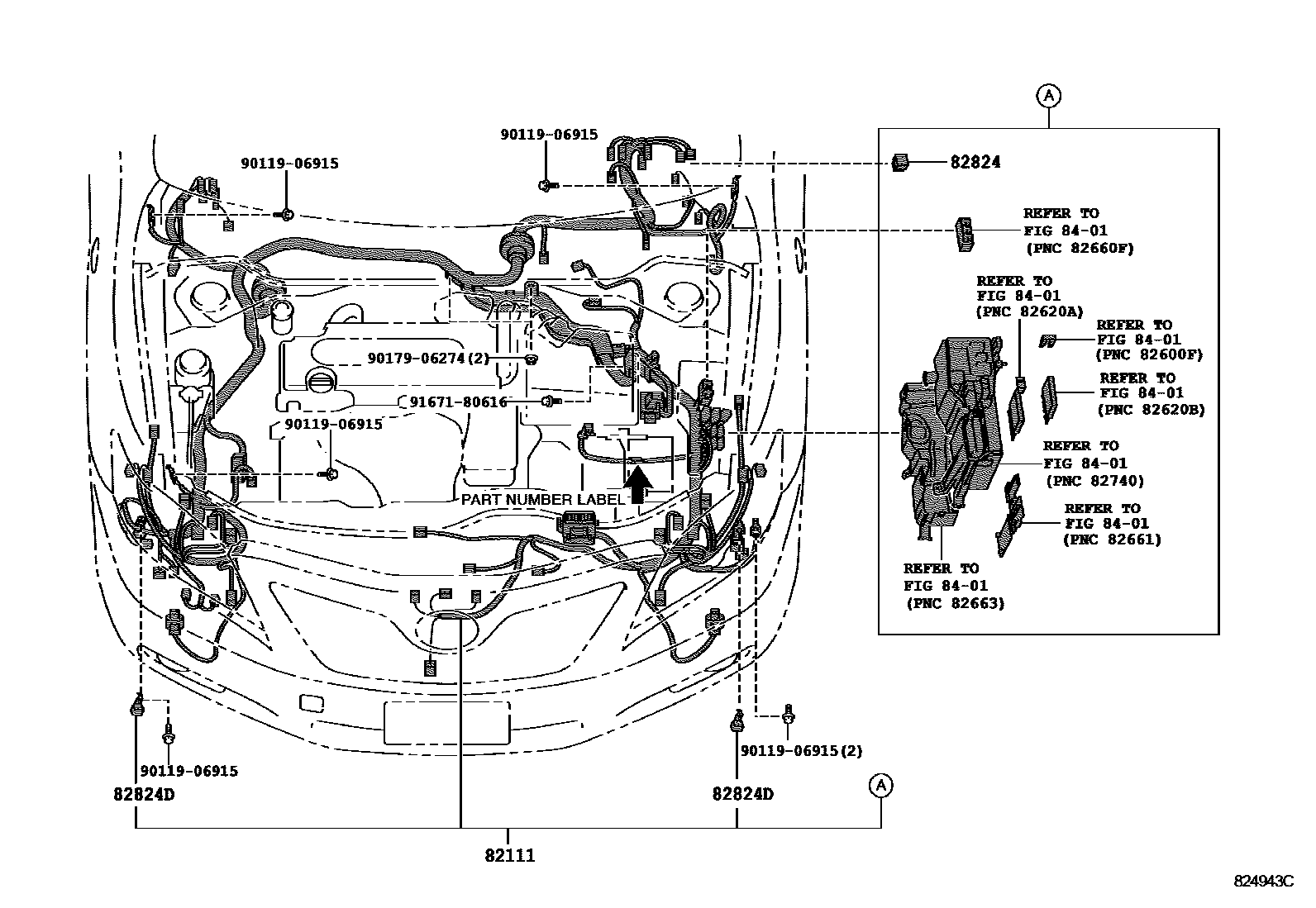 Toyota CAMRY 线束和卡夹 EPC diagram — 824943C