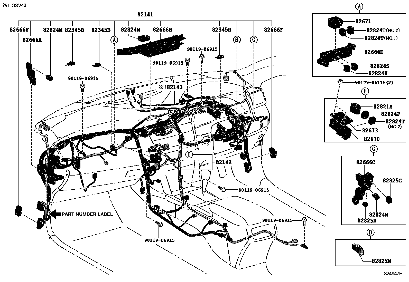 Toyota CAMRY 线束和卡夹 EPC diagram — 824947E
