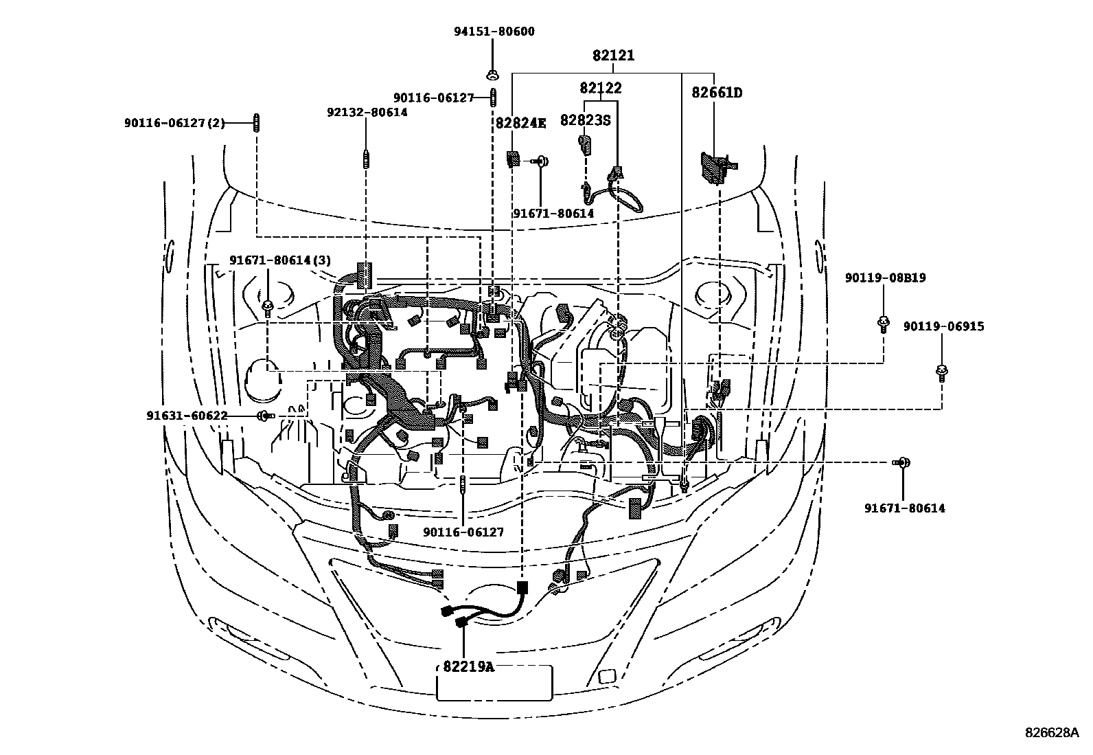 Toyota CAMRY 线束和卡夹 EPC diagram — 826628A