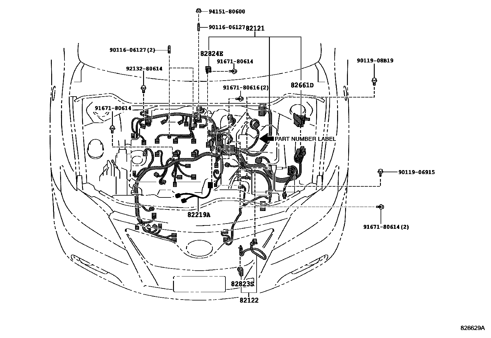 Toyota CAMRY 线束和卡夹 EPC diagram — 826629A