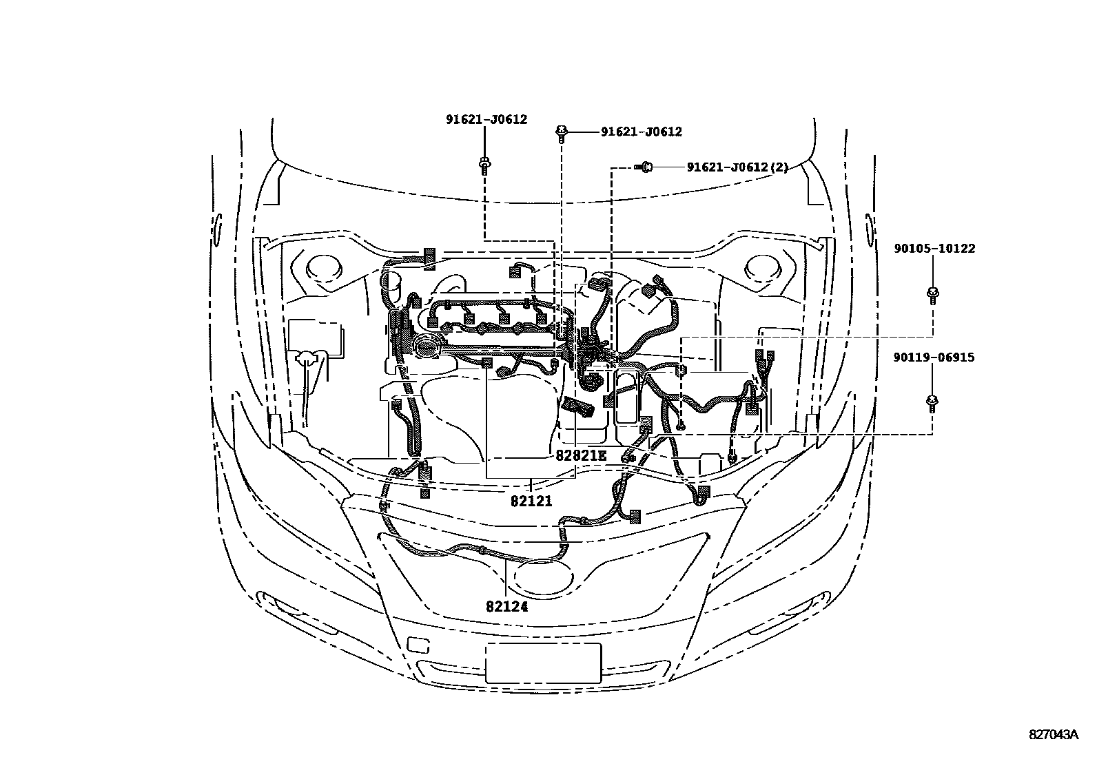 Toyota CAMRY 线束和卡夹 EPC diagram — 827043A