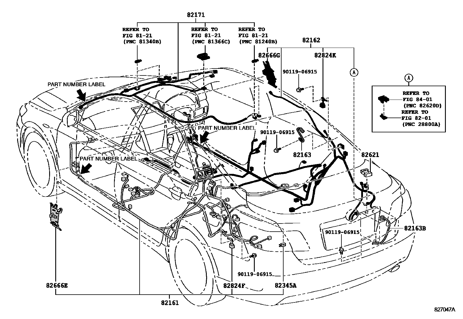 Toyota CAMRY 线束和卡夹 EPC diagram — 827047A