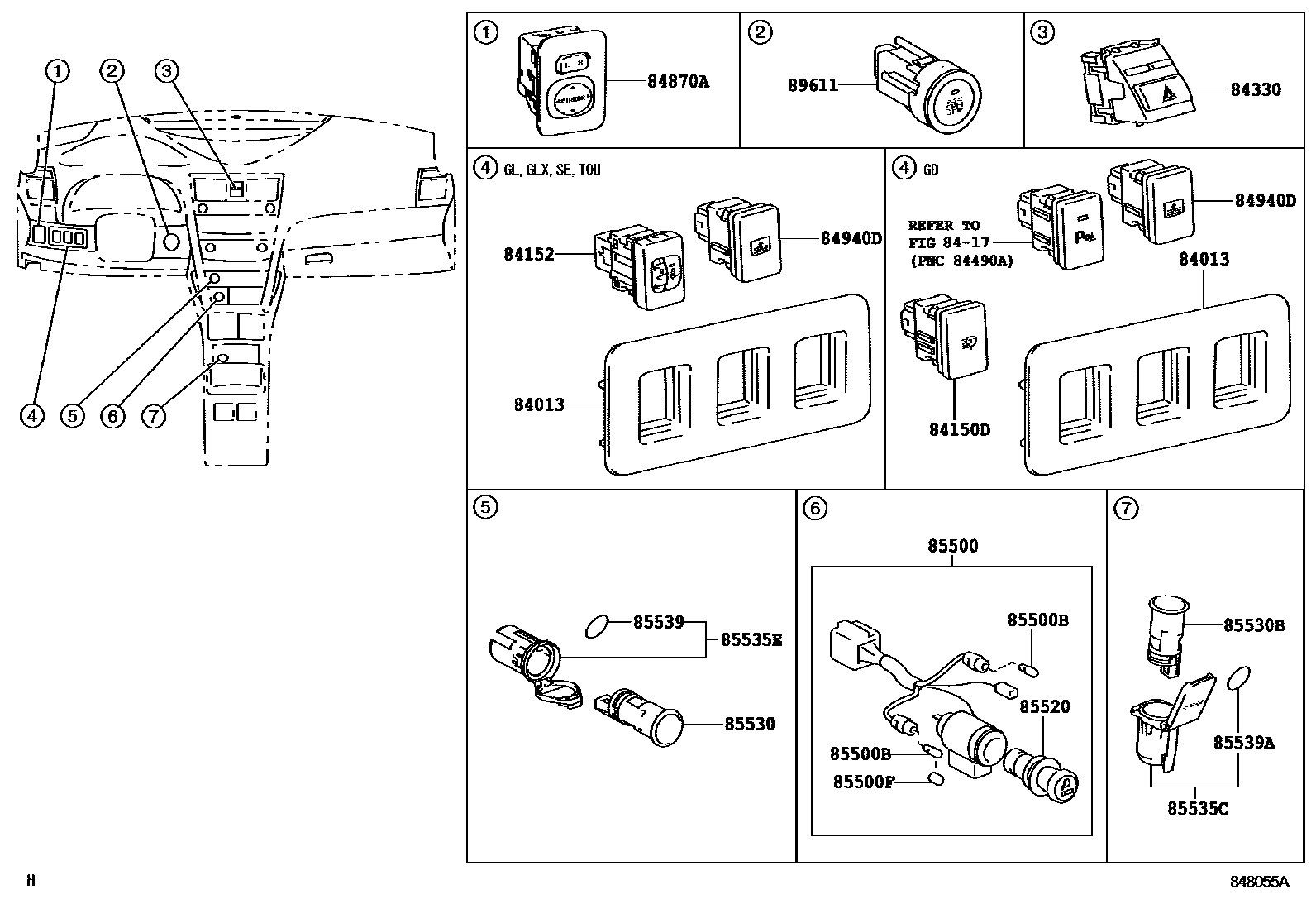 Toyota CAMRY 开关和继电器和ECU EPC diagram — 848055A