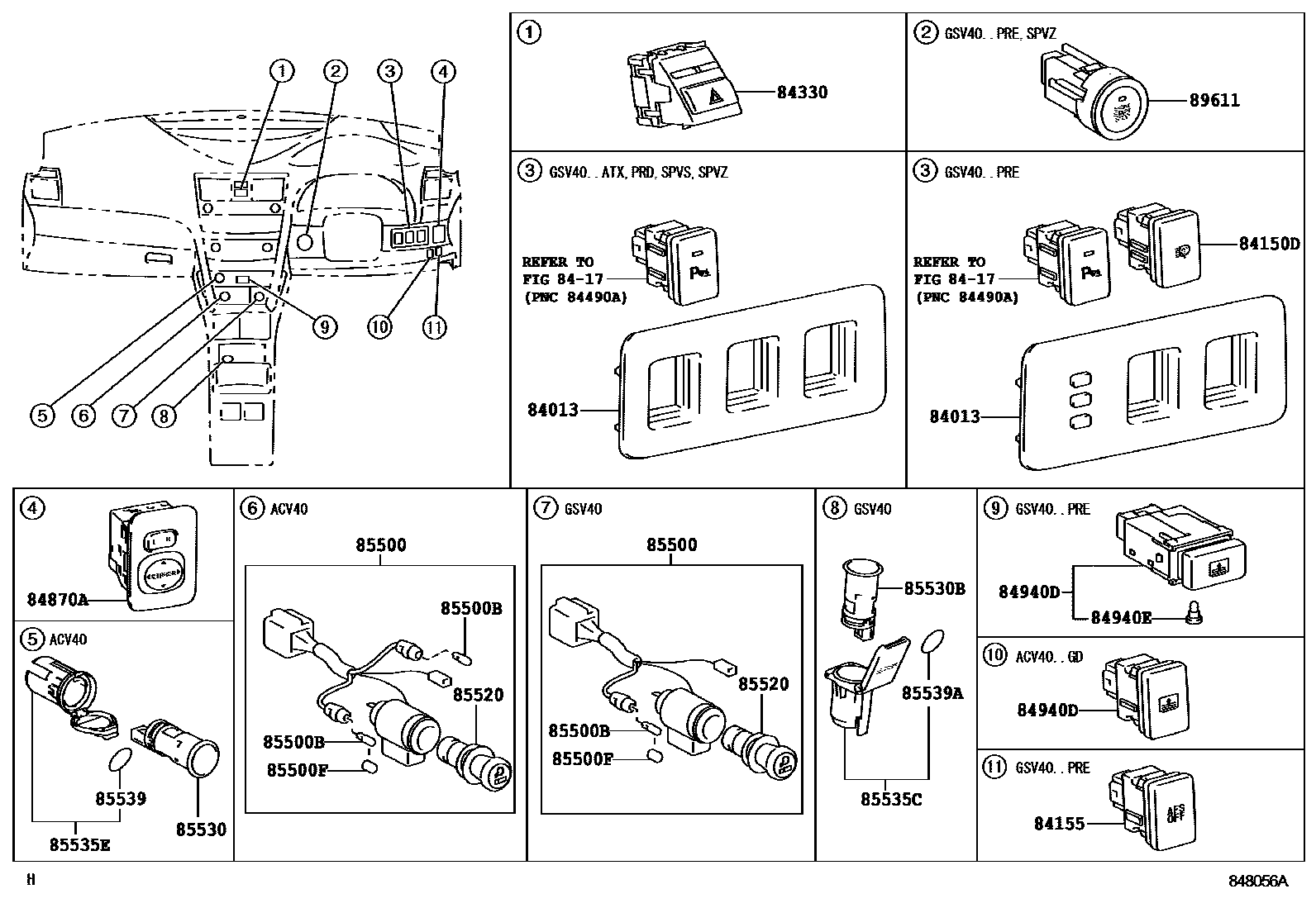 Toyota CAMRY 开关和继电器和ECU EPC diagram — 848056A