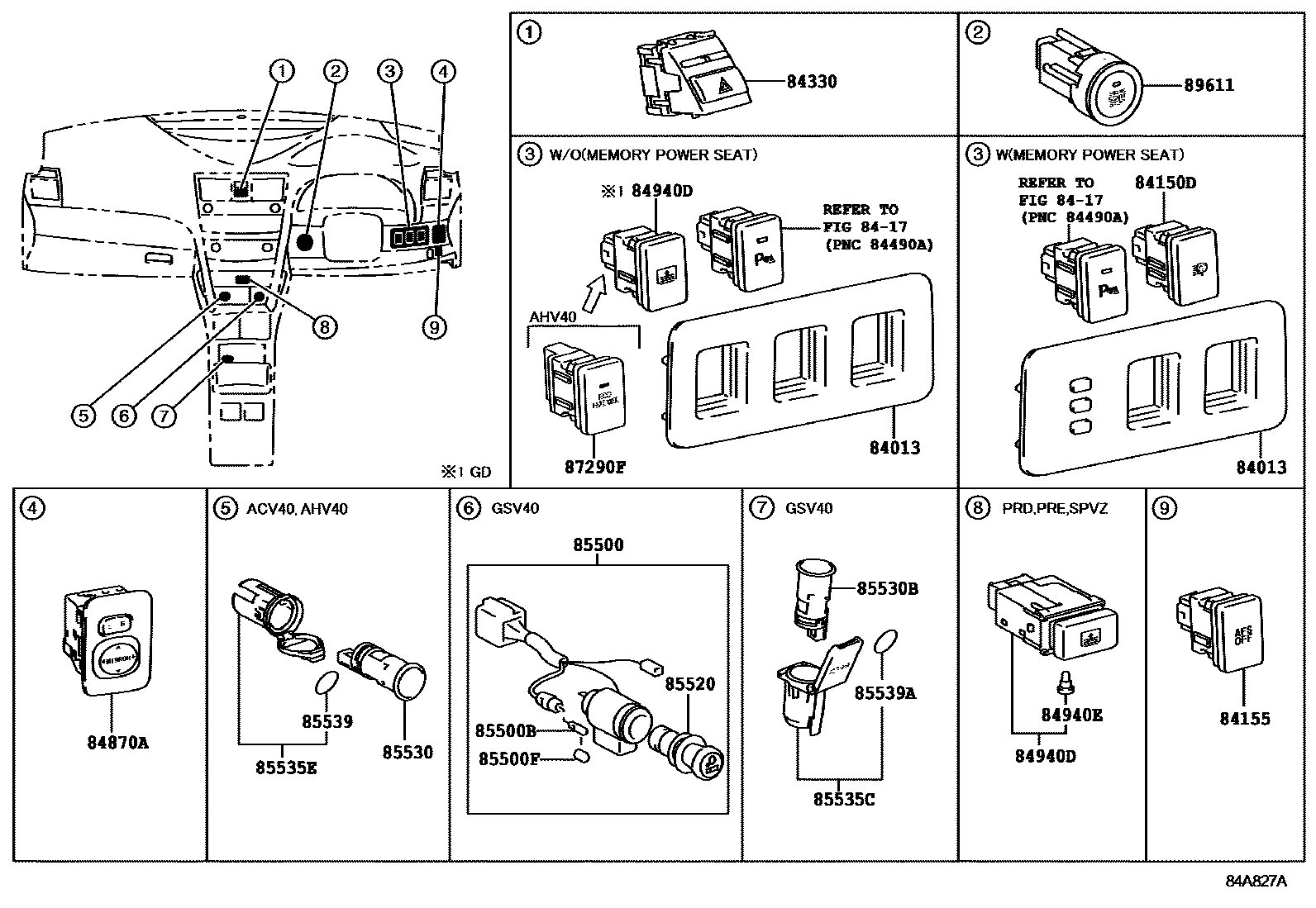 Toyota CAMRY 开关和继电器和ECU EPC diagram — 84A827A