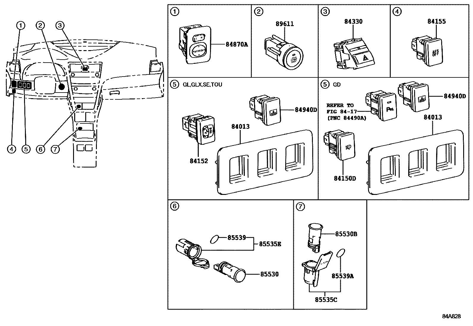 Toyota CAMRY 开关和继电器和ECU EPC diagram — 84A828