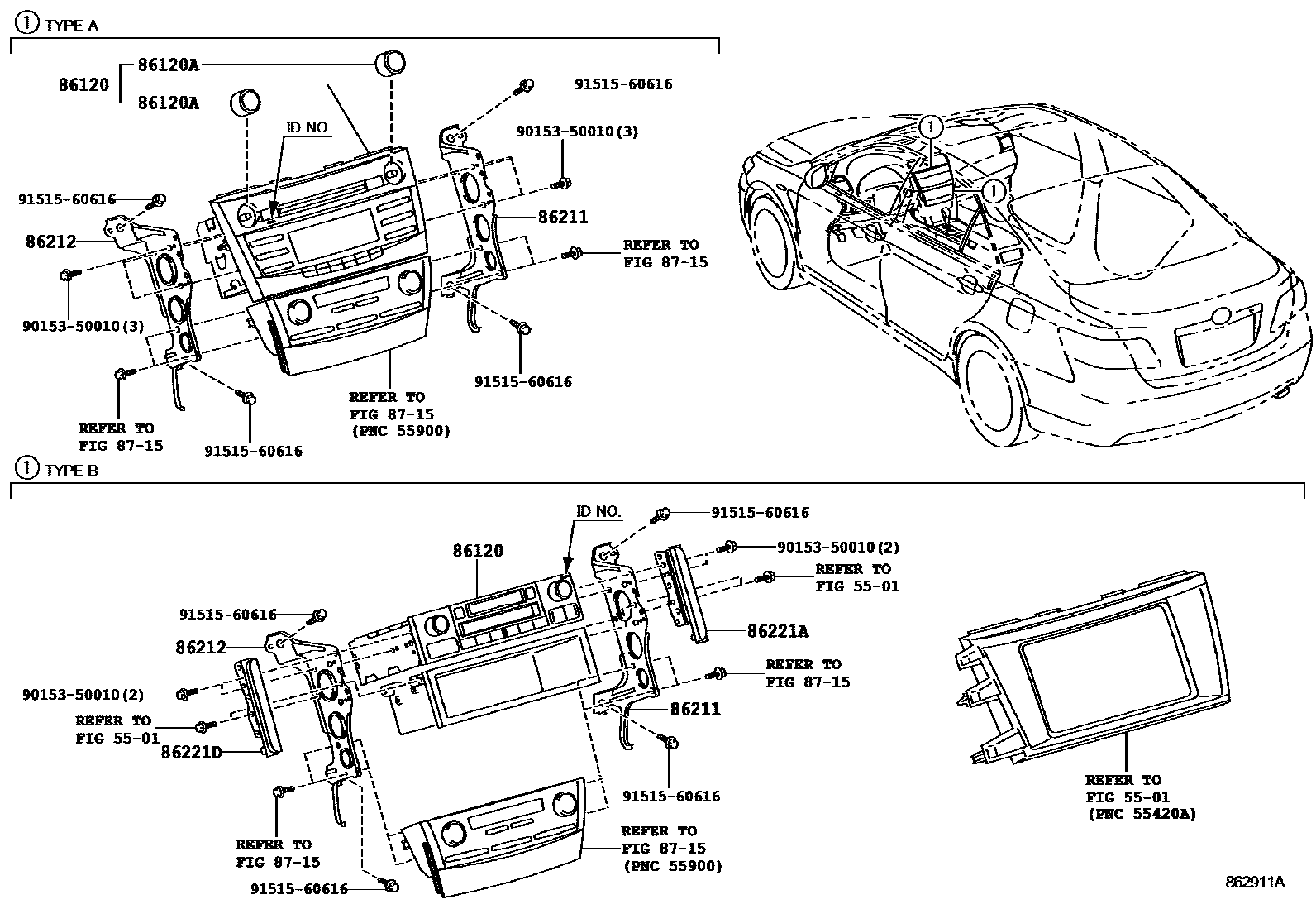 Toyota CAMRY 收音机、放大器和冷凝器 EPC diagram — 862911A