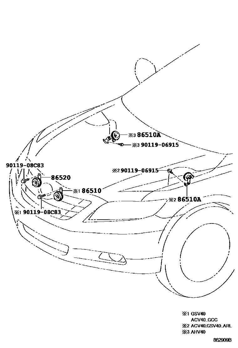 Toyota CAMRY 喇叭 EPC diagram — 862909B