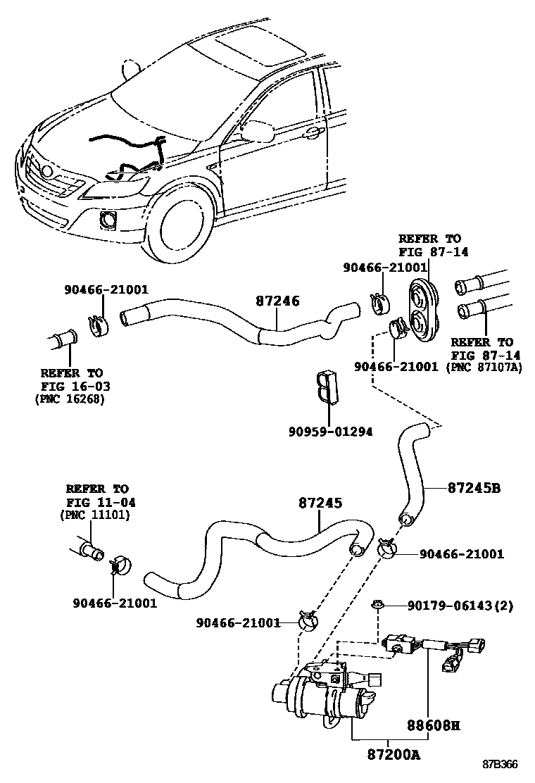 Toyota CAMRY 暖风和空调系统 - 水管 EPC diagram — 87B366