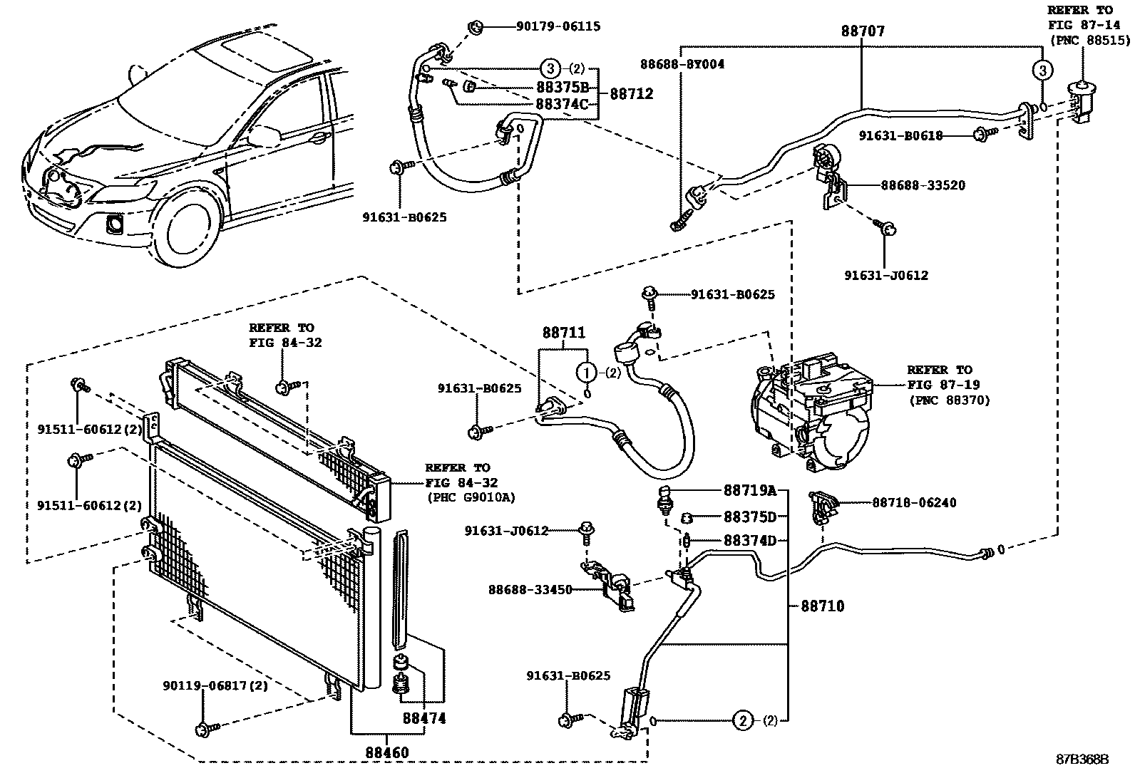 Toyota CAMRY Heating & Air Conditioning - Cooler Piping EPC diagram — 87B368B