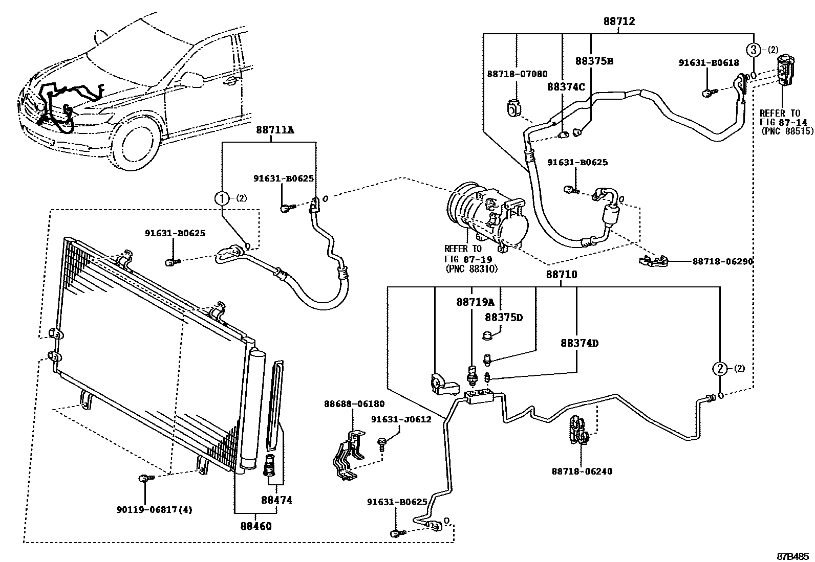 Toyota CAMRY Heating & Air Conditioning - Cooler Piping EPC diagram — 87B485