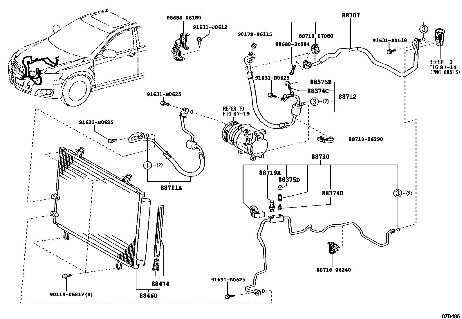 Toyota CAMRY Heating & Air Conditioning - Cooler Piping EPC diagram — 87B486
