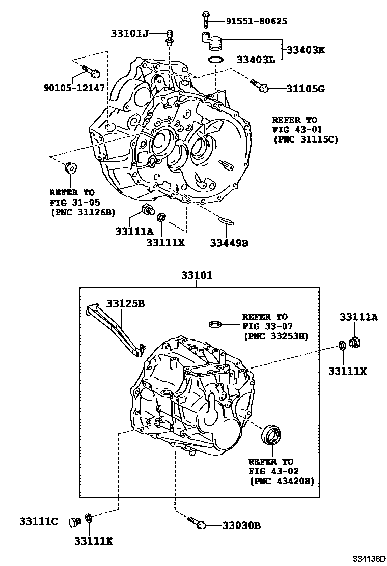 Toyota CAMRY 离合器壳和变速器壳(MTM) EPC diagram — 334136D