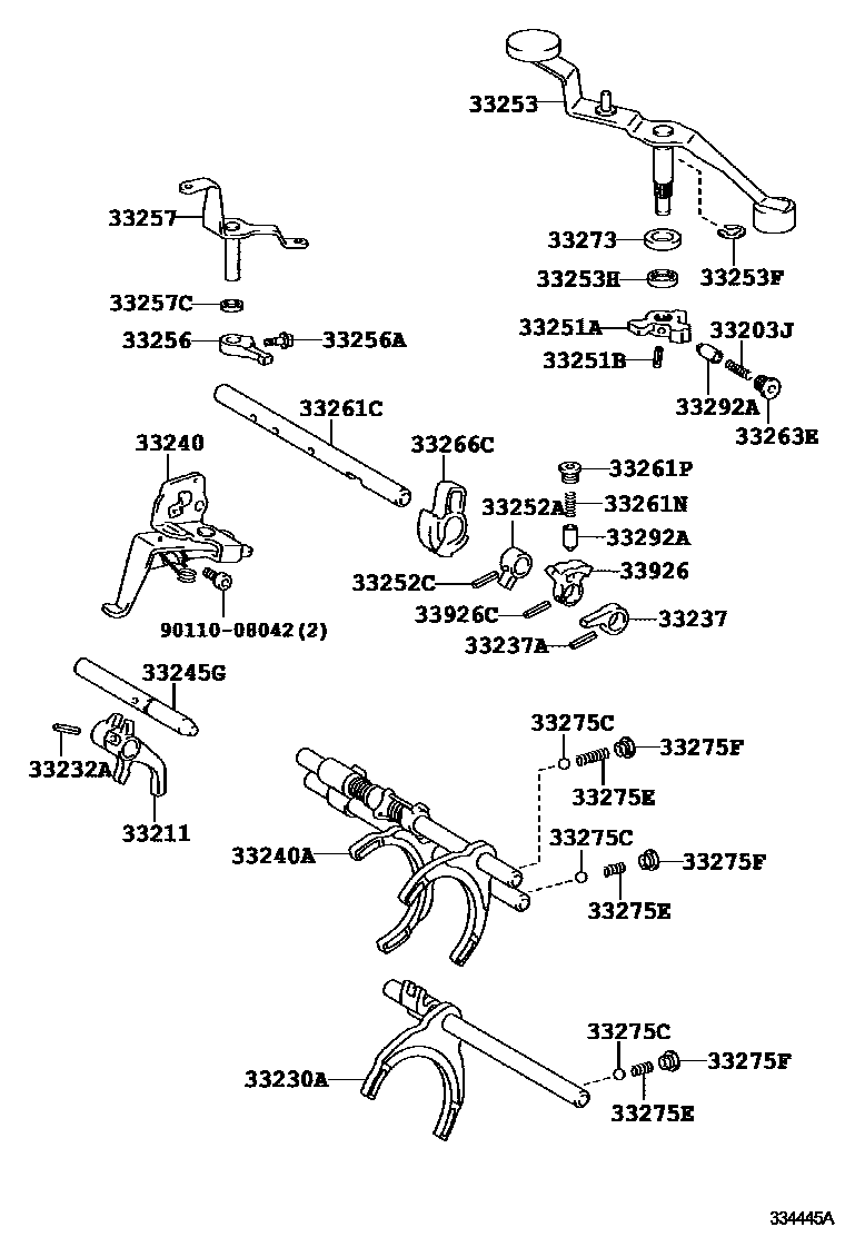 Toyota CAMRY 换档拨叉和换档杆轴(MTM) EPC diagram — 334445A