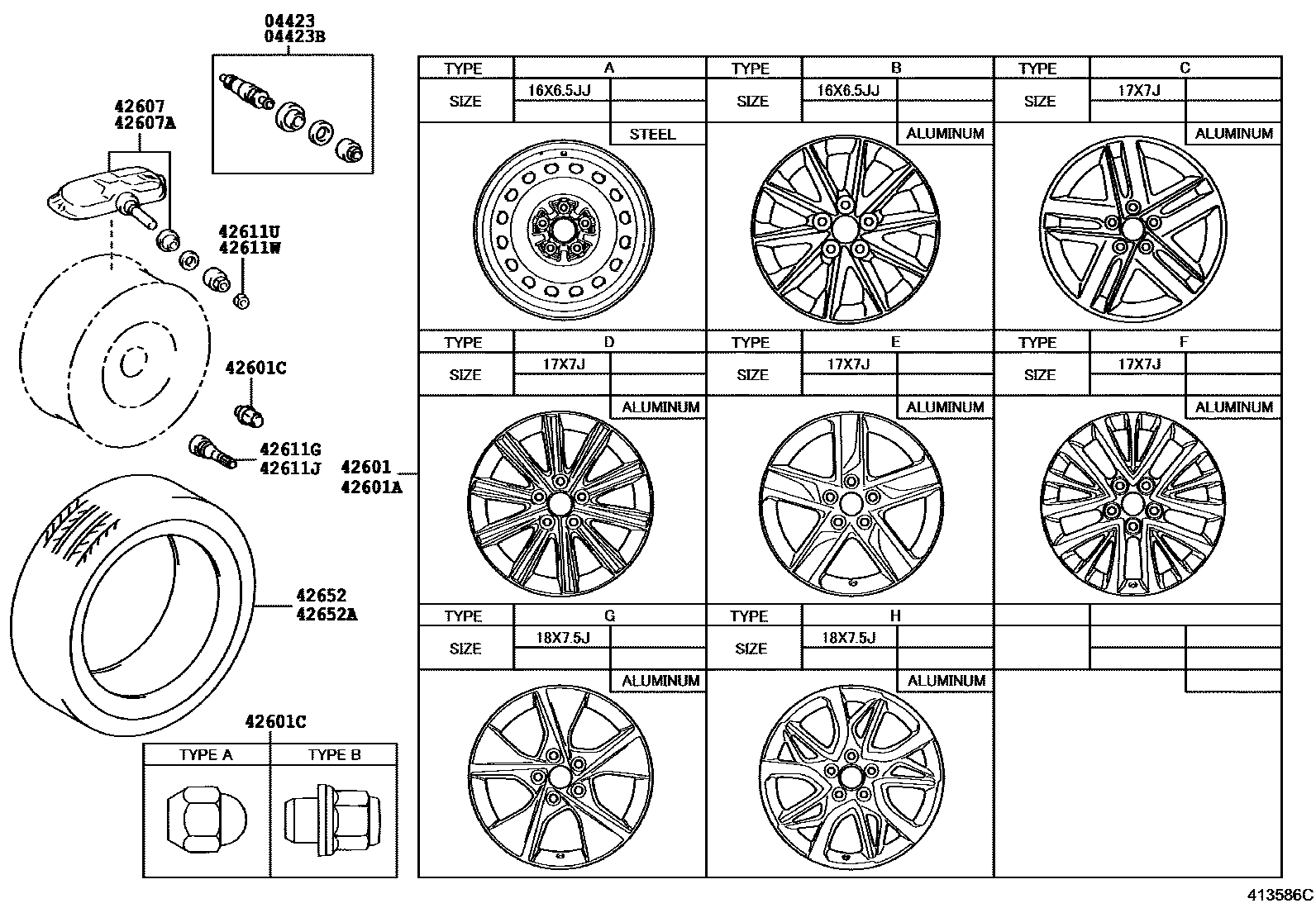 Toyota CAMRY 车轮和车轮盖 EPC diagram — 413586C
