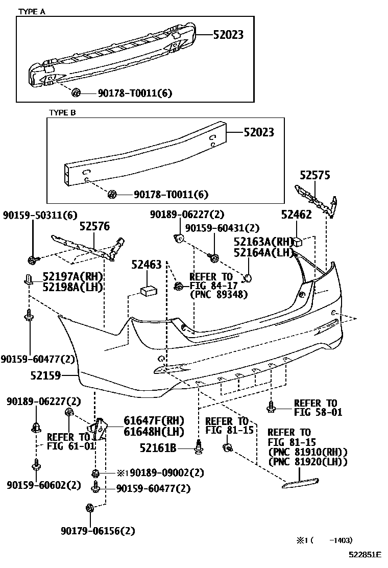 Toyota CAMRY 后保险杠及附件 EPC diagram — 522851E