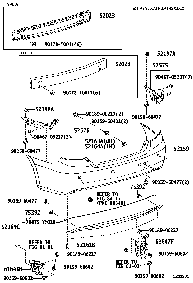 Toyota CAMRY 后保险杠及附件 EPC diagram — 523120C