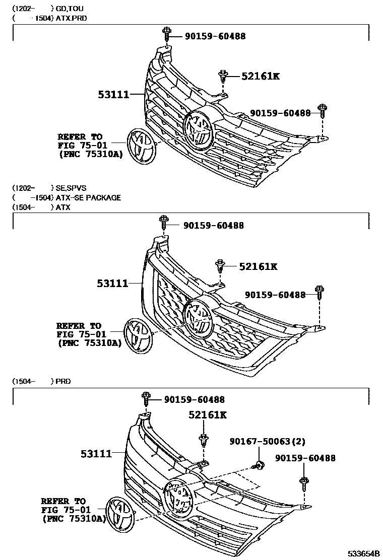 Toyota CAMRY radiator grille EPC diagram — 533654B