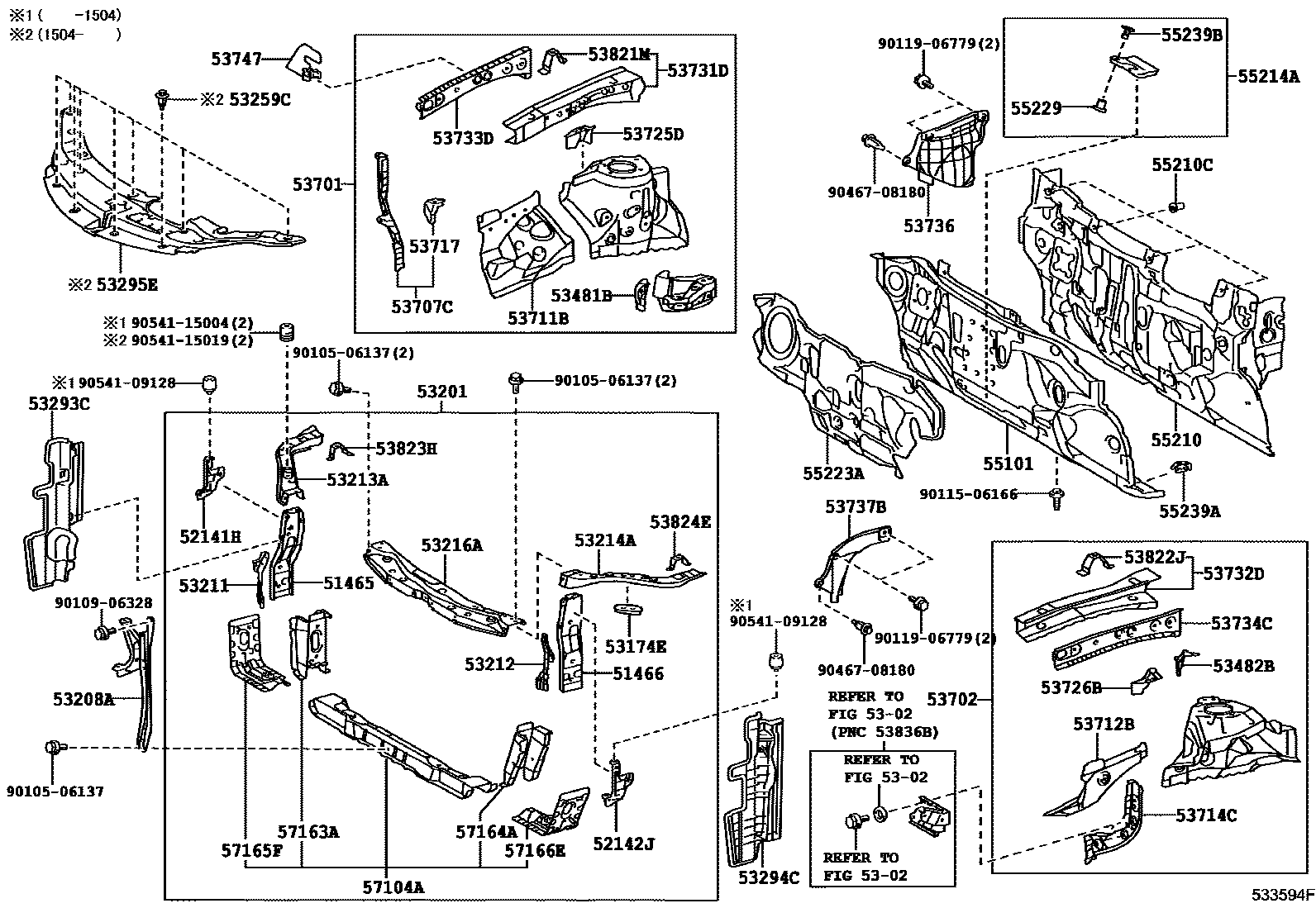 Toyota CAMRY 前翼子板挡泥板和前围板 EPC diagram — 533594F