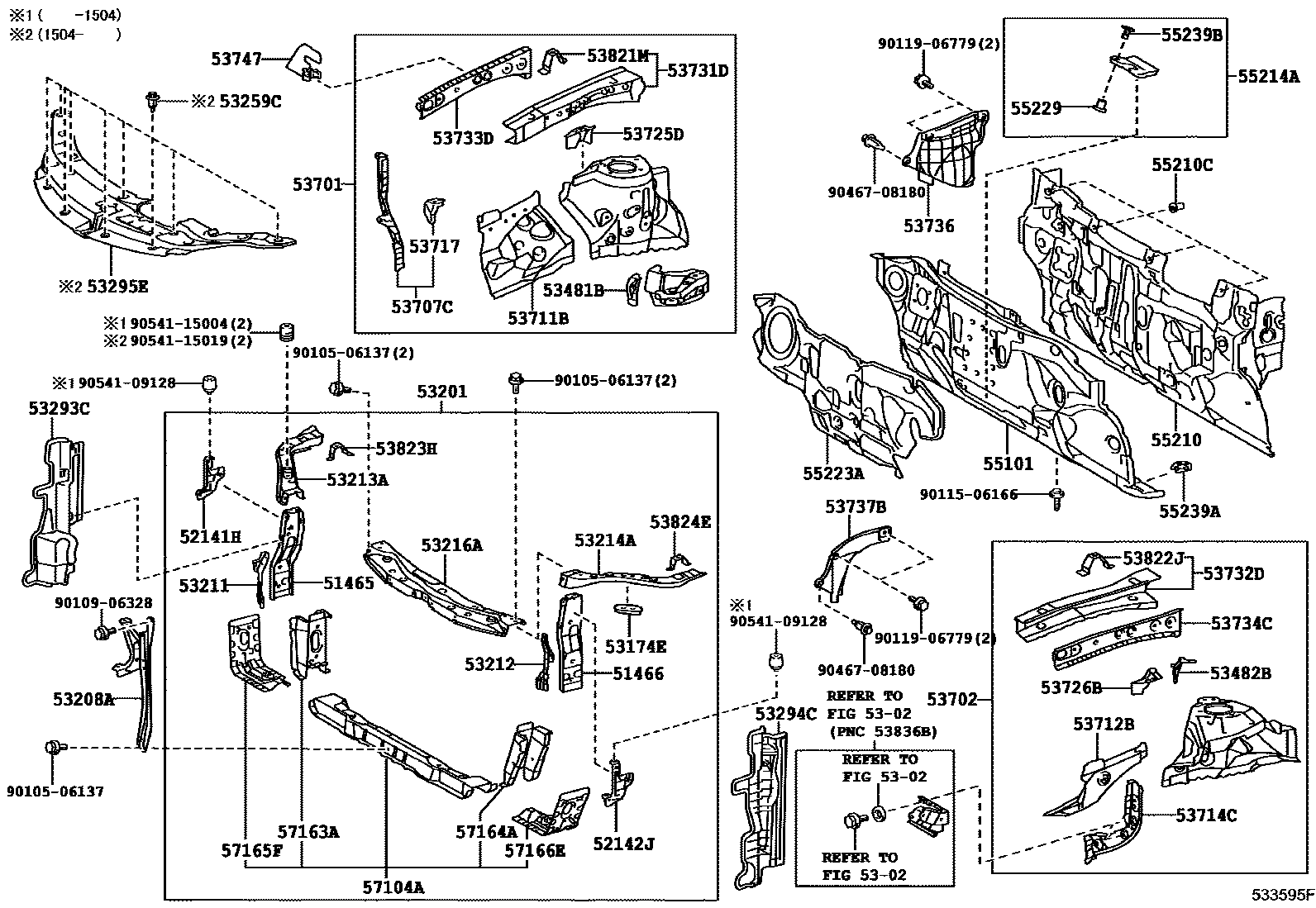 Toyota CAMRY 前翼子板挡泥板和前围板 EPC diagram — 533595F