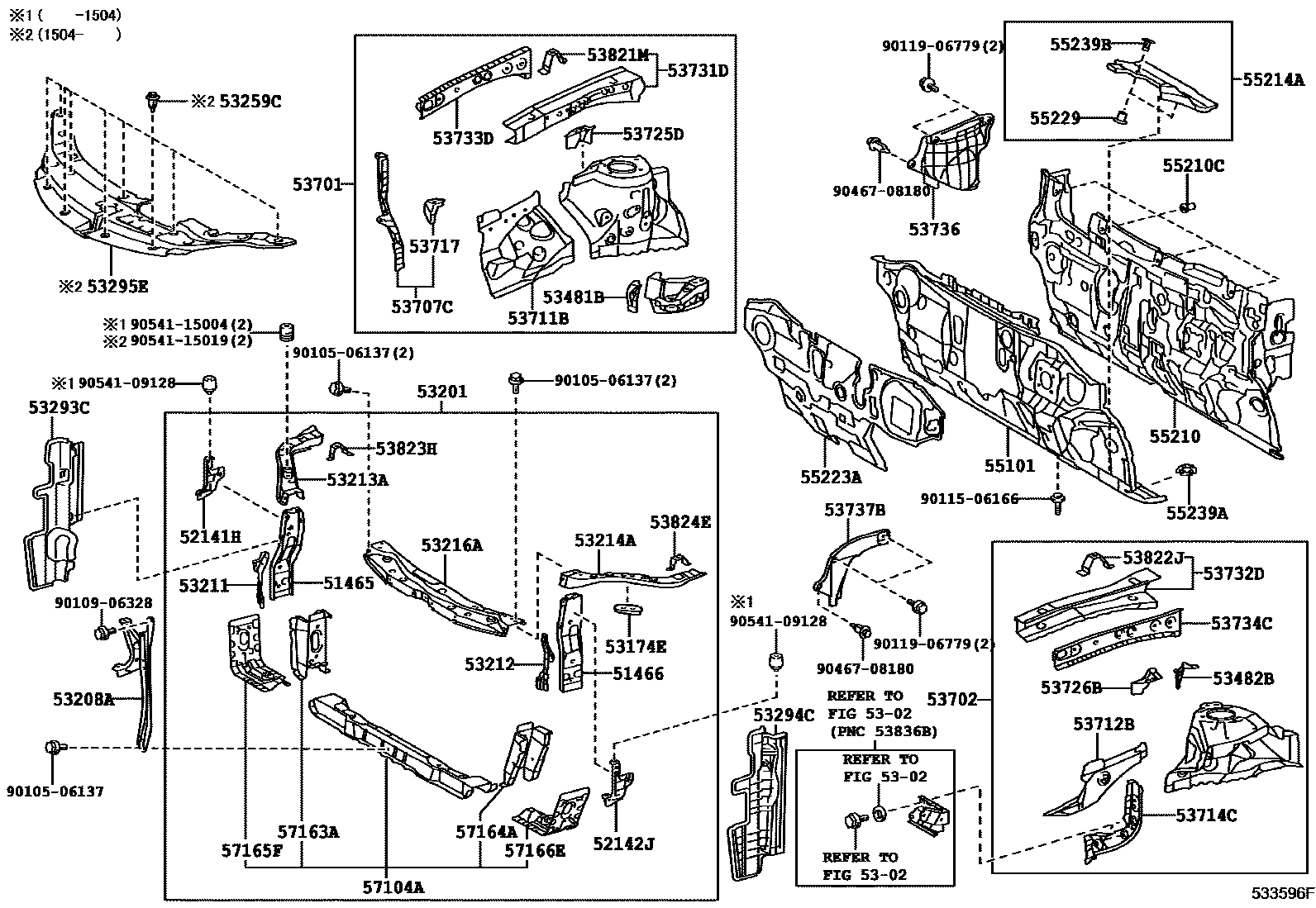 Toyota CAMRY 前翼子板挡泥板和前围板 EPC diagram — 533596F