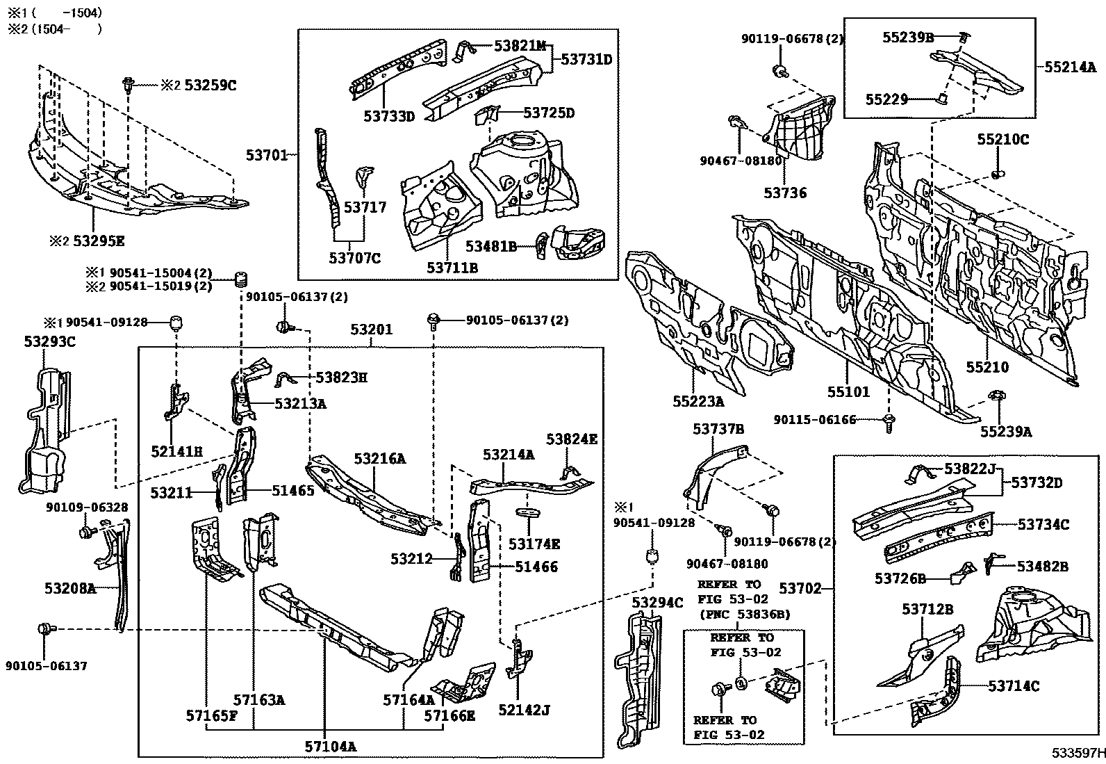Toyota CAMRY 前翼子板挡泥板和前围板 EPC diagram — 533597H